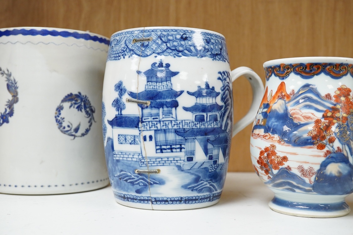 Four 18th century Export and later Chinese mugs to include a blue and white example, (a.f), largest 15cm high